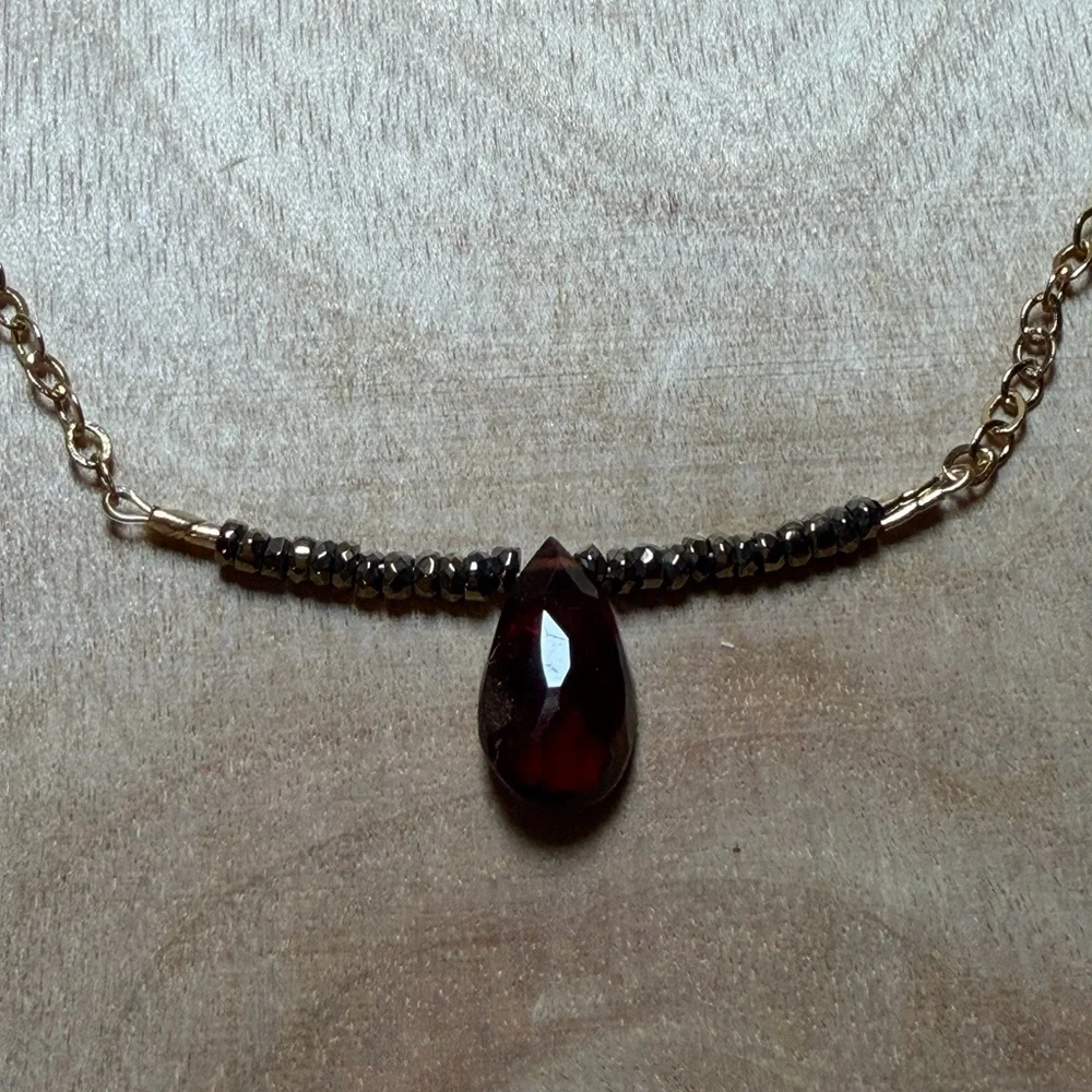 Gold Necklace with Gold‎ Pyrite and Garnet Pendant